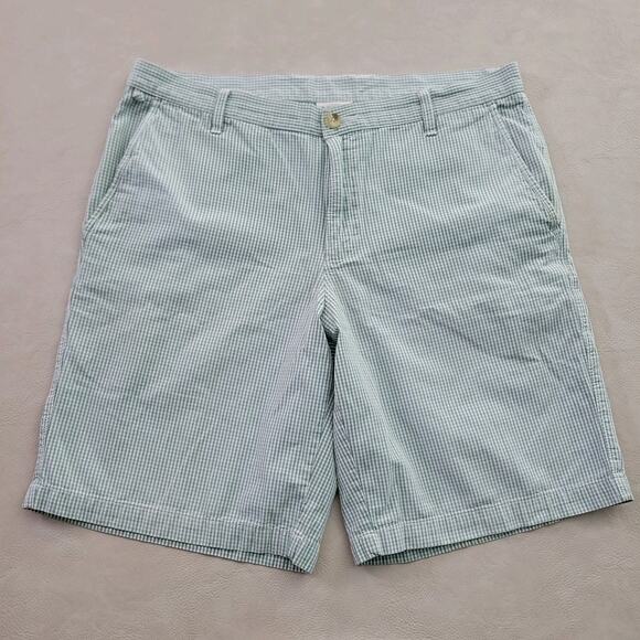 Columbia Check Shorts Mens 34W 10L Flat Front Chino Pockets Golf Green White - Picture 1 of 7
